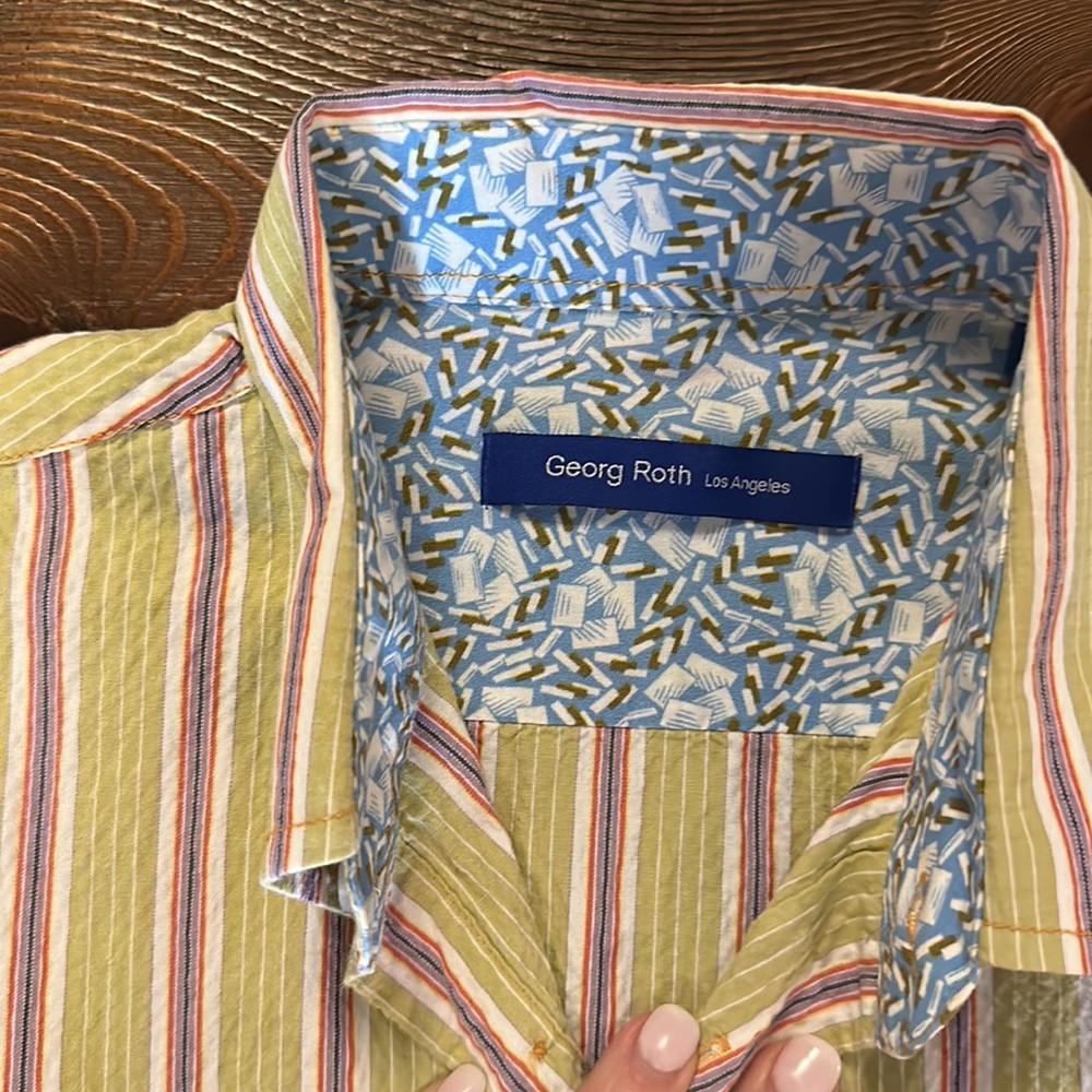 George Roth Los Angeles Spring Green with Multi Color Stripes Button Down - Picture 2 of 11